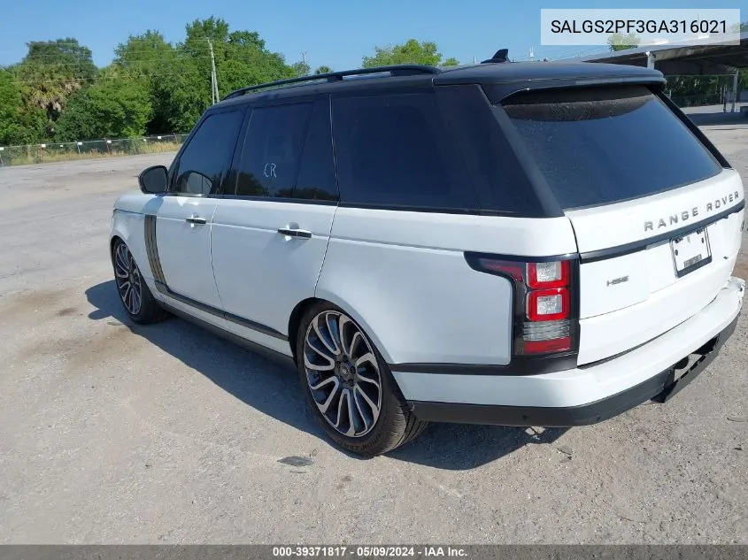 2016 Land Rover Range Rover 3.0L V6 Supercharged Hse VIN: SALGS2PF3GA316021 Lot: 39371817