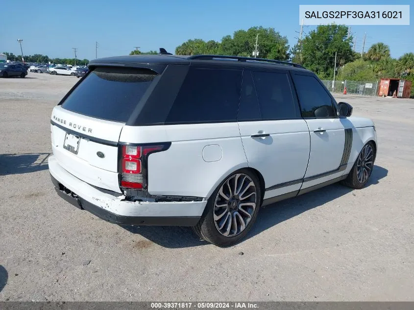 2016 Land Rover Range Rover 3.0L V6 Supercharged Hse VIN: SALGS2PF3GA316021 Lot: 39371817