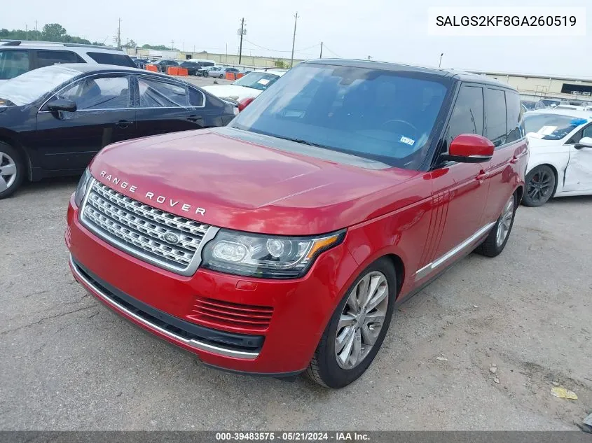 2016 Land Rover Range Rover 3.0L V6 Turbocharged Diesel Hse Td6 VIN: SALGS2KF8GA260519 Lot: 39483575