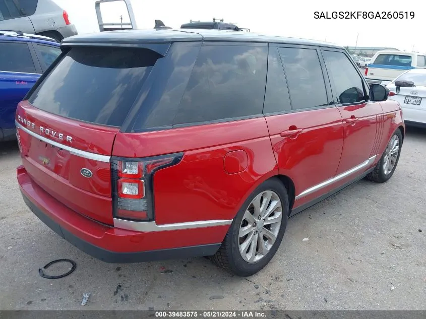 2016 Land Rover Range Rover 3.0L V6 Turbocharged Diesel Hse Td6 VIN: SALGS2KF8GA260519 Lot: 39483575