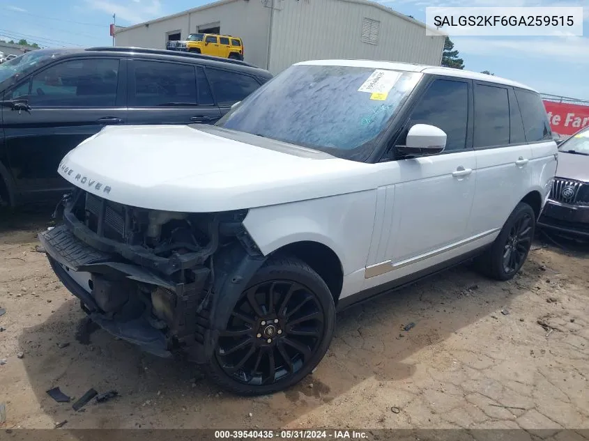 2016 Land Rover Range Rover 3.0L V6 Turbocharged Diesel Hse Td6 VIN: SALGS2KF6GA259515 Lot: 39540435