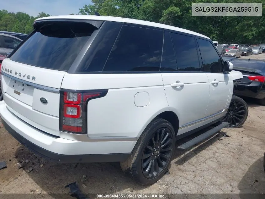 2016 Land Rover Range Rover 3.0L V6 Turbocharged Diesel Hse Td6 VIN: SALGS2KF6GA259515 Lot: 39540435