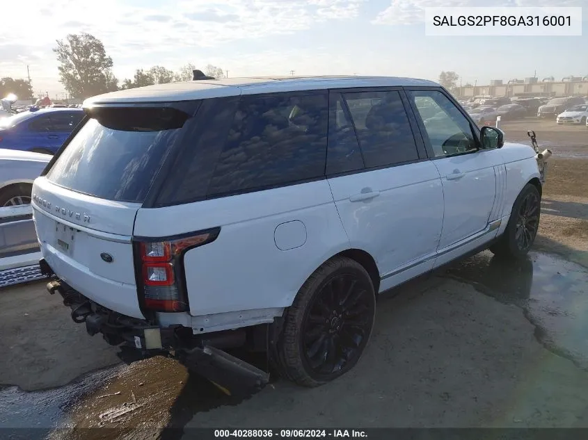 2016 Land Rover Range Rover 3.0L V6 Supercharged Hse VIN: SALGS2PF8GA316001 Lot: 40288036