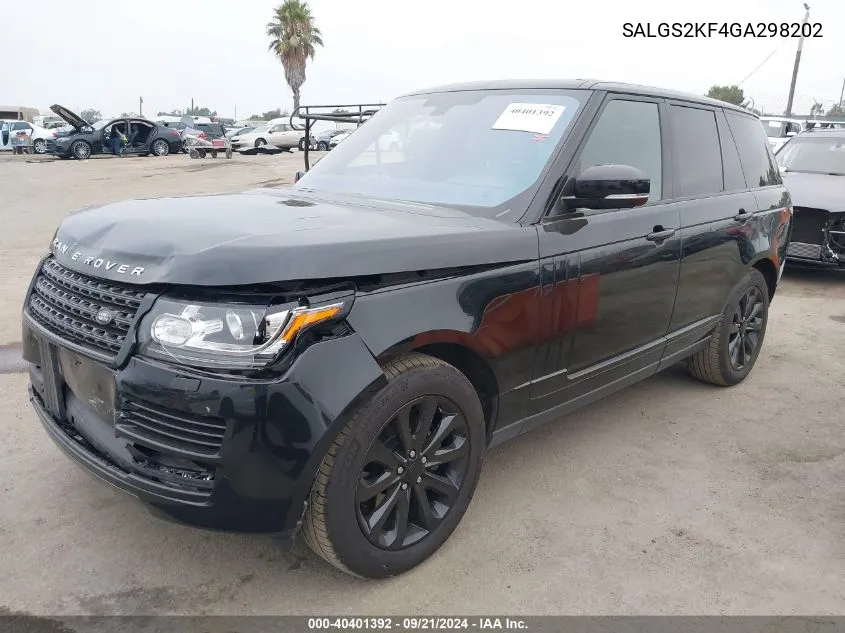 2016 Land Rover Range Rover 3.0L V6 Turbocharged Diesel Hse Td6 VIN: SALGS2KF4GA298202 Lot: 40401392