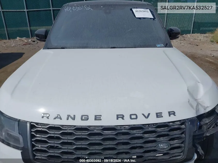 2019 Land Rover Range Rover 3.0L V6 Supercharged VIN: SALGR2RV7KA532527 Lot: 40303092