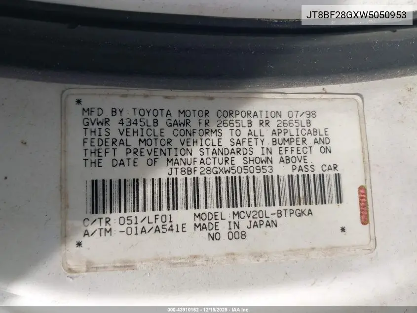 JT8BF28GXW5050953 1998 Lexus Es 300