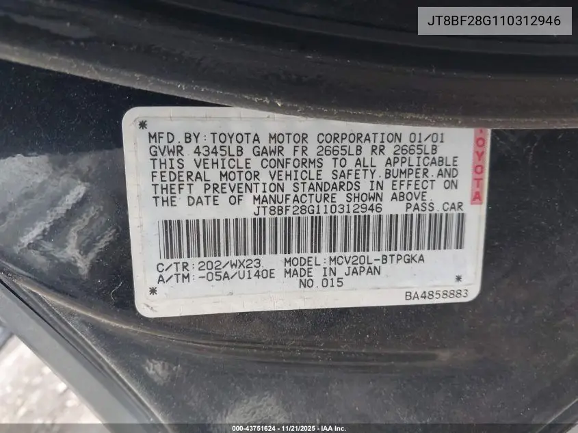 JT8BF28G110312946 2001 Lexus Es 300