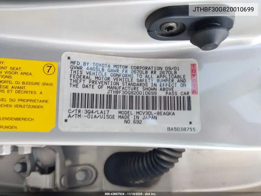 JTHBF30G820010699 2002 Lexus Es 300