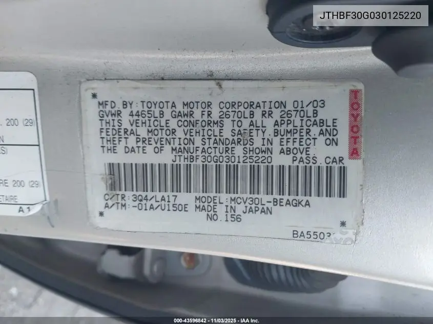 JTHBF30G030125220 2003 Lexus Es 300