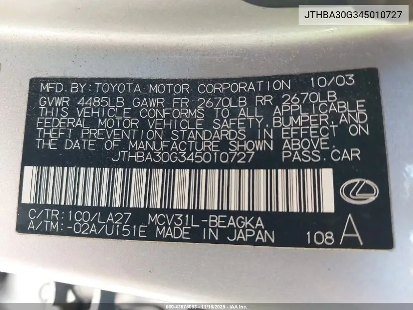 JTHBA30G345010727 2004 Lexus Es 330