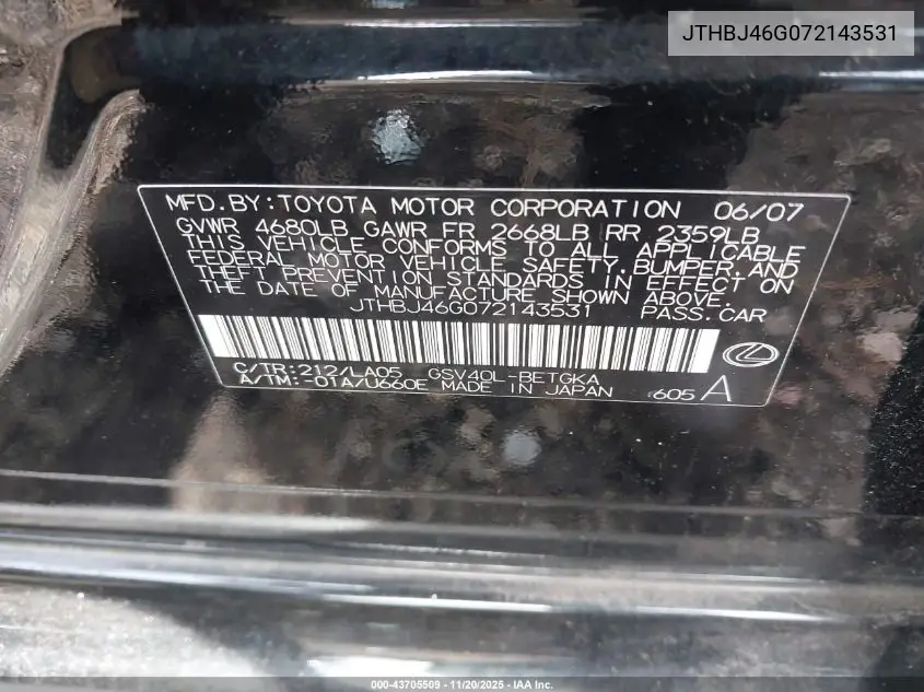 JTHBJ46G072143531 2007 Lexus Es 350