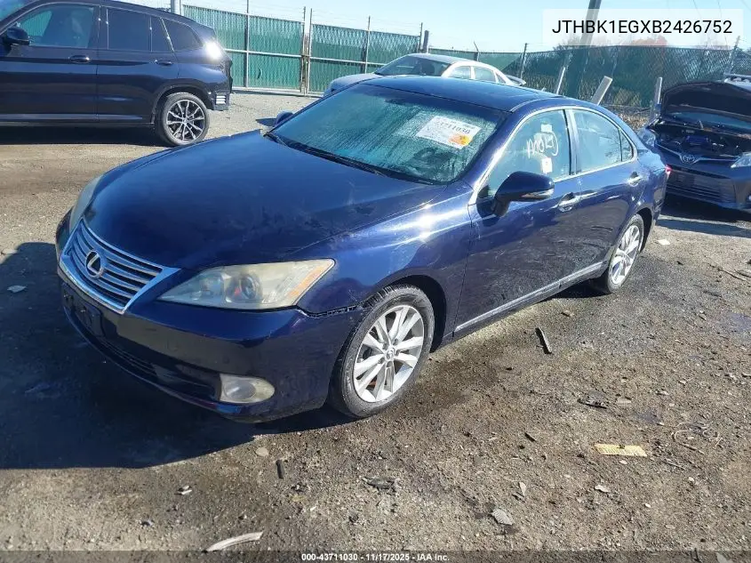 JTHBK1EGXB2426752 2011 Lexus Es 350