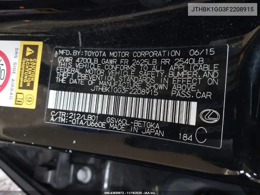 JTHBK1GG3F2208915 2015 Lexus Es 350