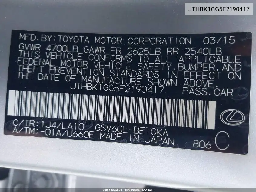 JTHBK1GG5F2190417 2015 Lexus Es 350