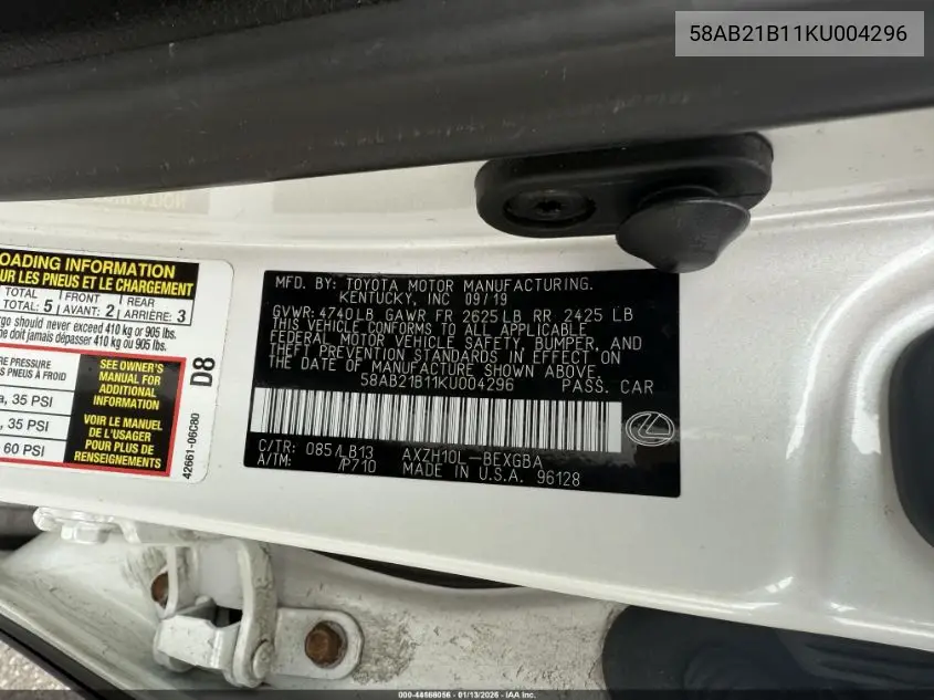 58AB21B11KU004296 2019 Lexus Es 300H Luxury