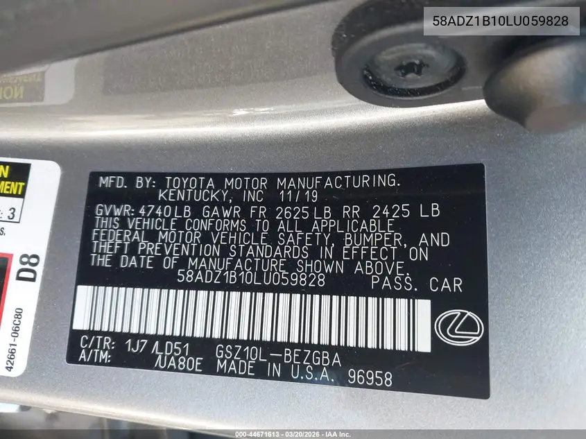 2020 Lexus Es 350 VIN: 58ADZ1B10LU059828 Lot: 44671613