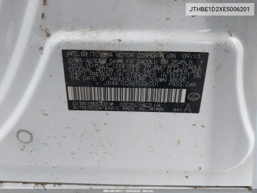 JTHBE1D2XE5006201 2014 Lexus Is 350