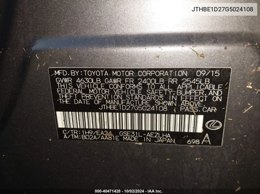 JTHBE1D27G5024108 2016 Lexus Is 350