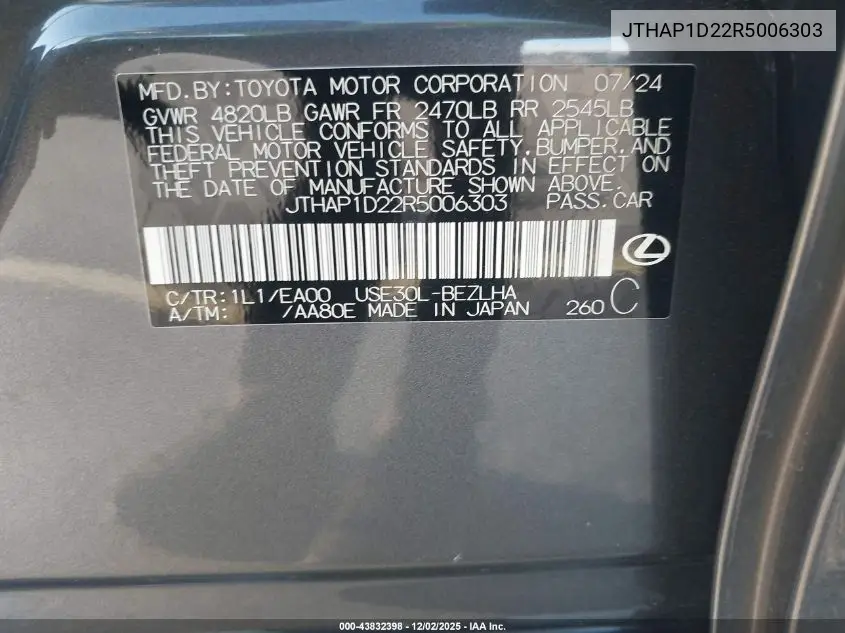 JTHAP1D22R5006303 2024 Lexus Is 500 F Sport Performance Premium