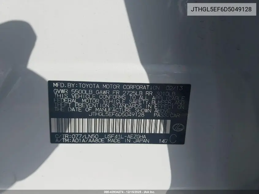 JTHGL5EF6D5049128 2013 Lexus Ls 460 L