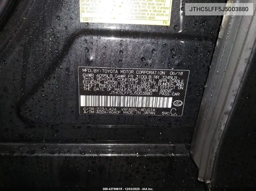 JTHC5LFF5J5003880 2018 Lexus Ls 500