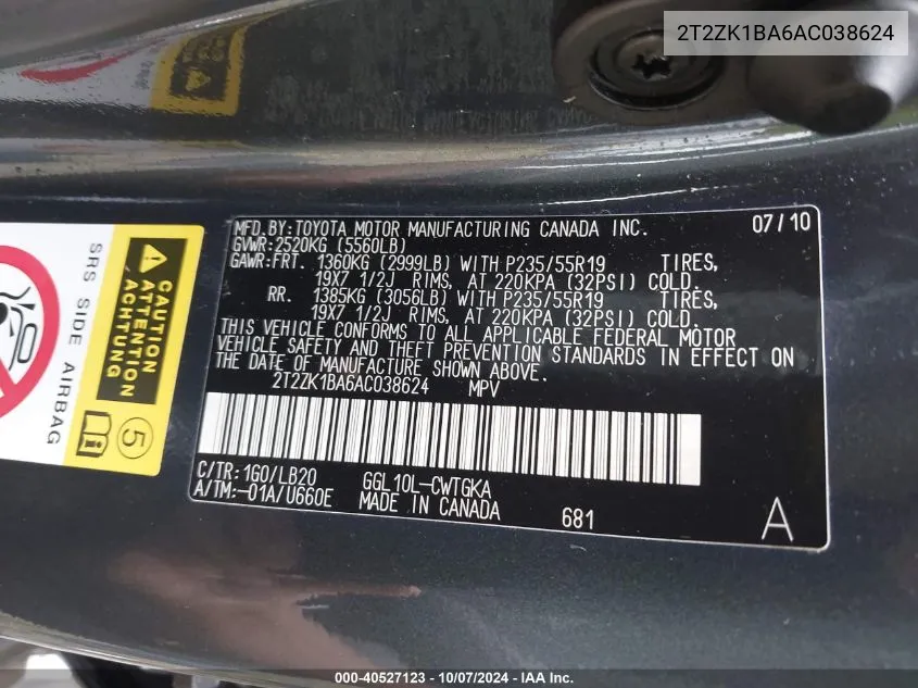 2T2ZK1BA6AC038624 2010 Lexus Rx 350