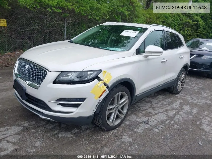 2019 Lincoln Mkc Reserve VIN: 5LMCJ3D94KUL11648 Lot: 39391641