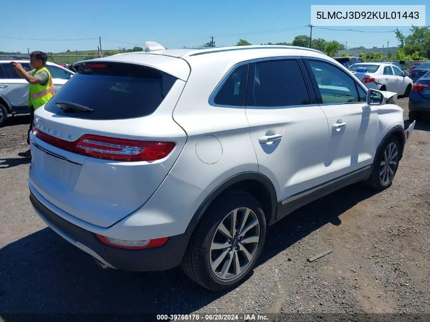 2019 Lincoln Mkc Reserve VIN: 5LMCJ3D92KUL01443 Lot: 39755178