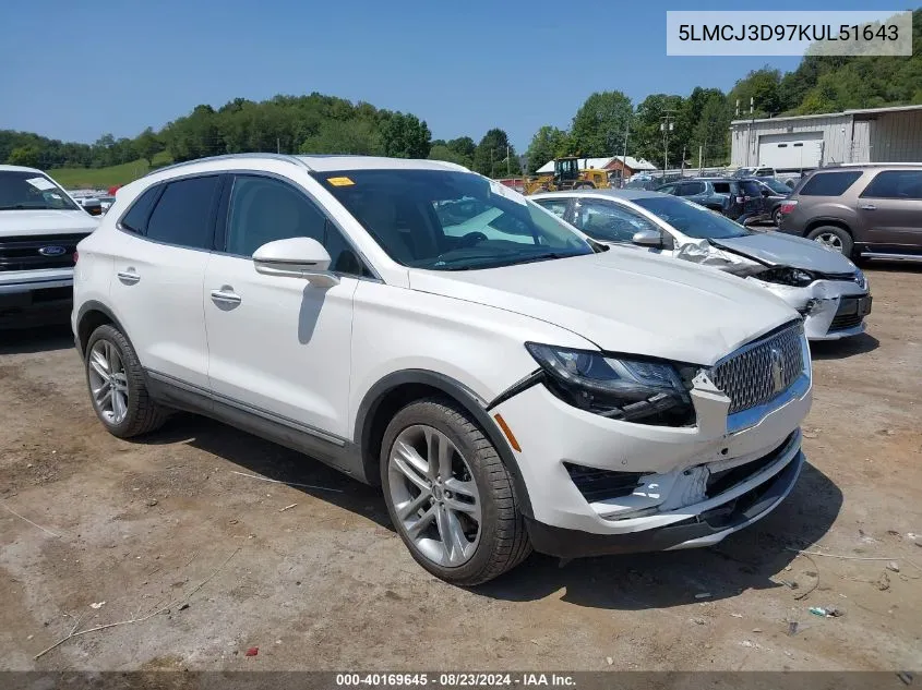 2019 Lincoln Mkc Reserve VIN: 5LMCJ3D97KUL51643 Lot: 40169645