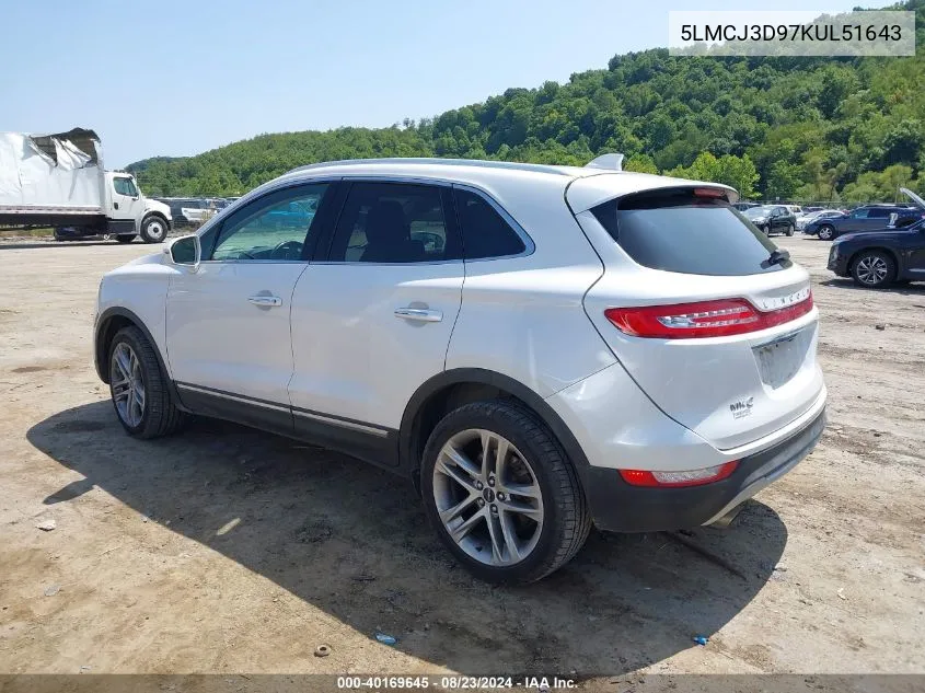 2019 Lincoln Mkc Reserve VIN: 5LMCJ3D97KUL51643 Lot: 40169645