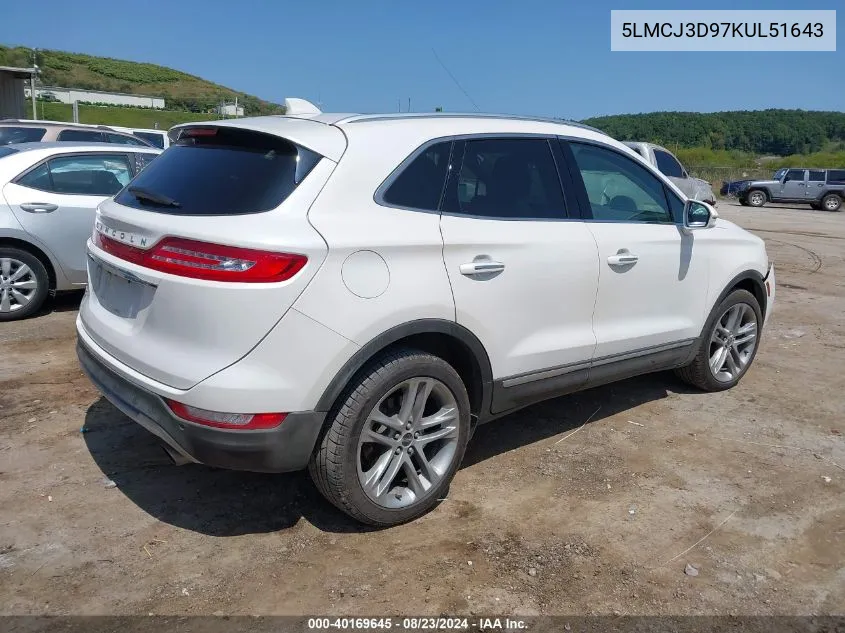 2019 Lincoln Mkc Reserve VIN: 5LMCJ3D97KUL51643 Lot: 40169645