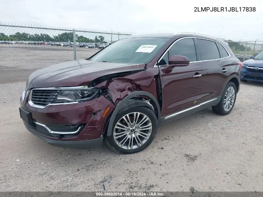 2018 Lincoln Mkx Reserve VIN: 2LMPJ8LR1JBL17838 Lot: 39693014