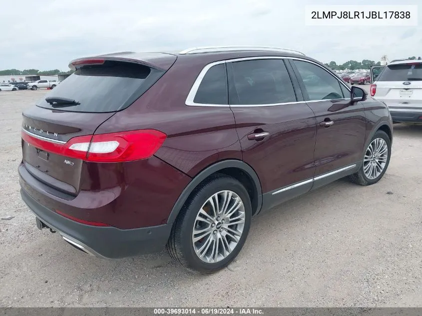 2018 Lincoln Mkx Reserve VIN: 2LMPJ8LR1JBL17838 Lot: 39693014