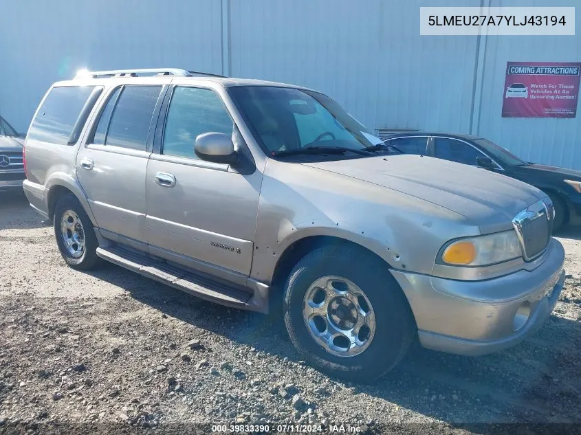 2000 Lincoln Navigator VIN: 5LMEU27A7YLJ43194 Lot: 39833390