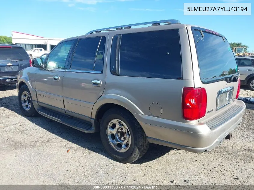 2000 Lincoln Navigator VIN: 5LMEU27A7YLJ43194 Lot: 39833390