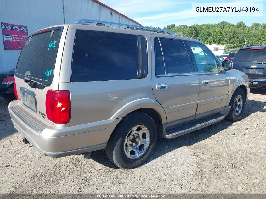 2000 Lincoln Navigator VIN: 5LMEU27A7YLJ43194 Lot: 39833390