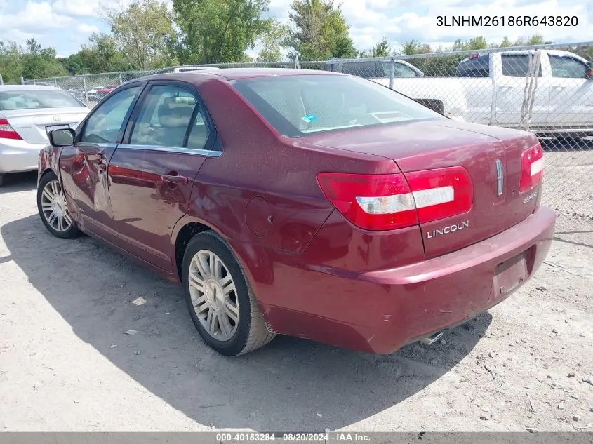 2006 Lincoln Zephyr VIN: 3LNHM26186R643820 Lot: 40153284