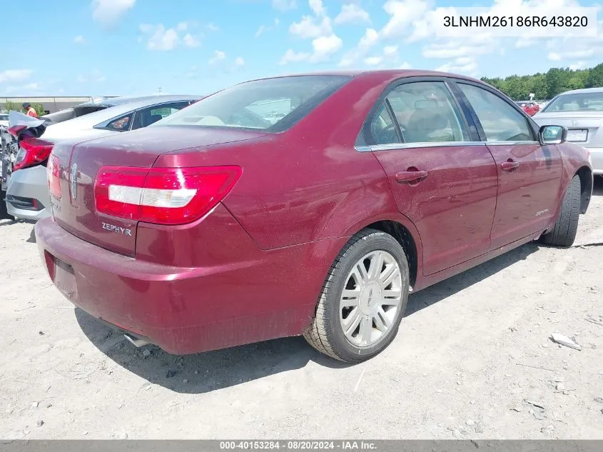 2006 Lincoln Zephyr VIN: 3LNHM26186R643820 Lot: 40153284