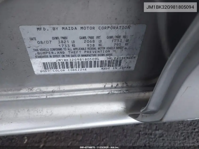 JM1BK32G981805094 2008 Mazda Mazda3 I