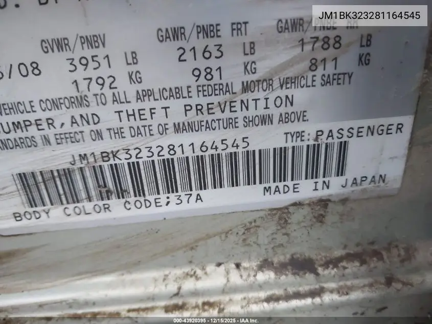 JM1BK323281164545 2008 Mazda Mazda3 S Sport