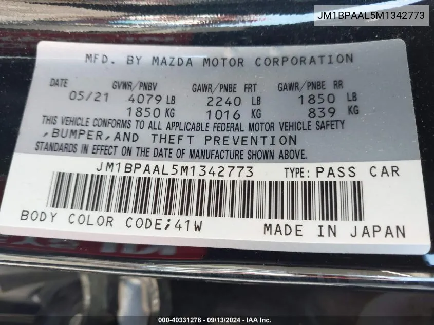 JM1BPAAL5M1342773 2021 Mazda Mazda3