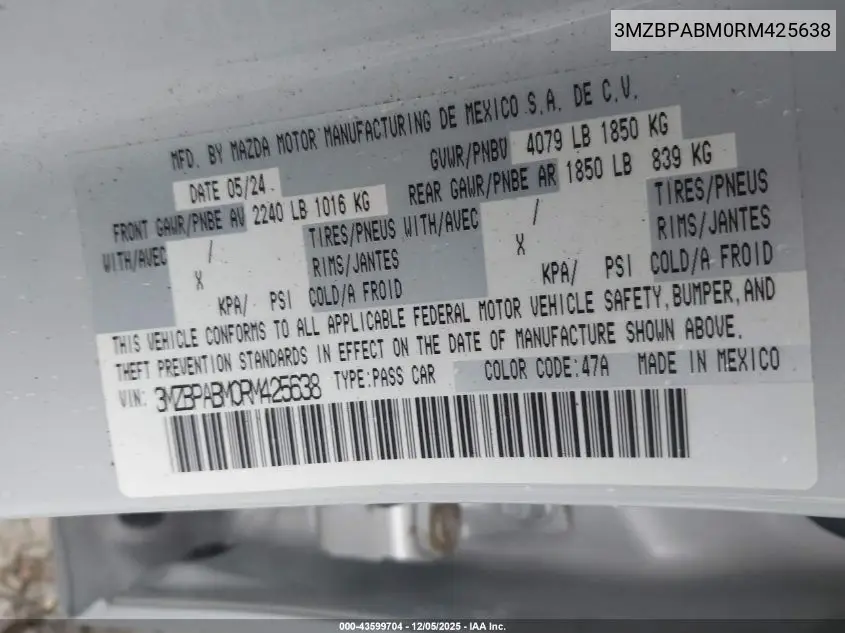 3MZBPABM0RM425638 2024 Mazda Mazda3 2.5 S Select Sport