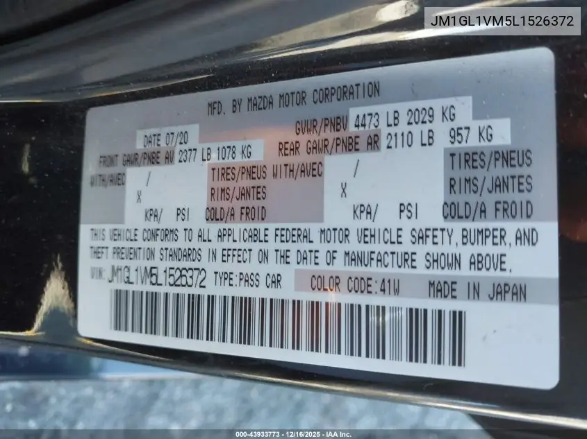JM1GL1VM5L1526372 2020 Mazda Mazda6 Touring