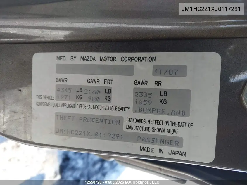 1988 Mazda 929 VIN: JM1HC221XJ0117291 Lot: 12558723