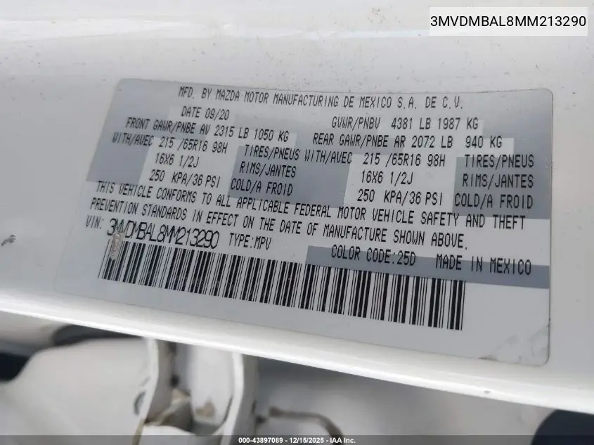 3MVDMBAL8MM213290 2021 Mazda Cx-30 2.5 S