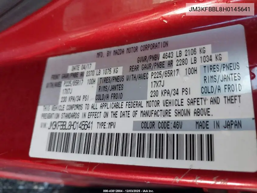 JM3KFBBL8H0145641 2017 Mazda Cx-5 Sport