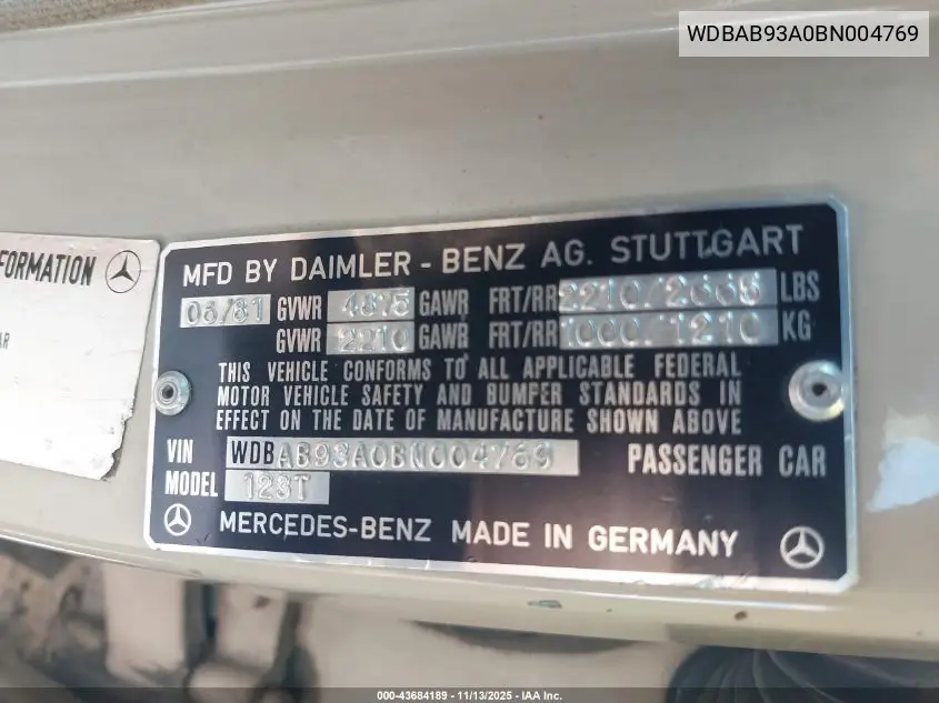 WDBAB93A0BN004769 1981 Mercedes-Benz 300 Td
