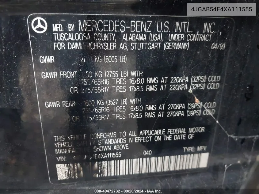 4JGAB54E4XA111555 1999 Mercedes-Benz Ml 320