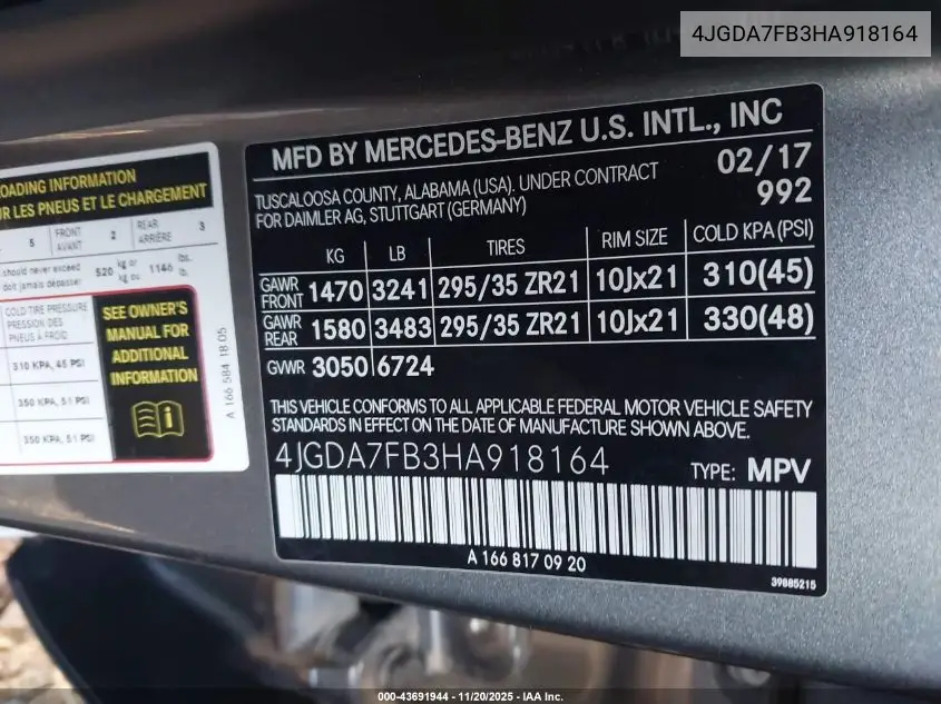 4JGDA7FB3HA918164 2017 Mercedes-Benz Amg Gle 63 S 4Matic