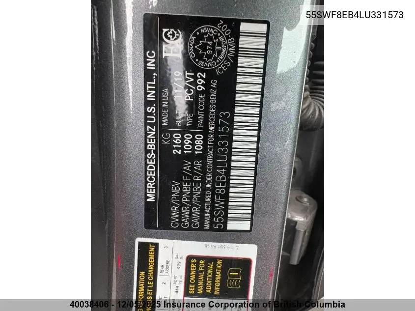 55SWF8EB4LU331573 2020 Mercedes-Benz C 300 4Mati